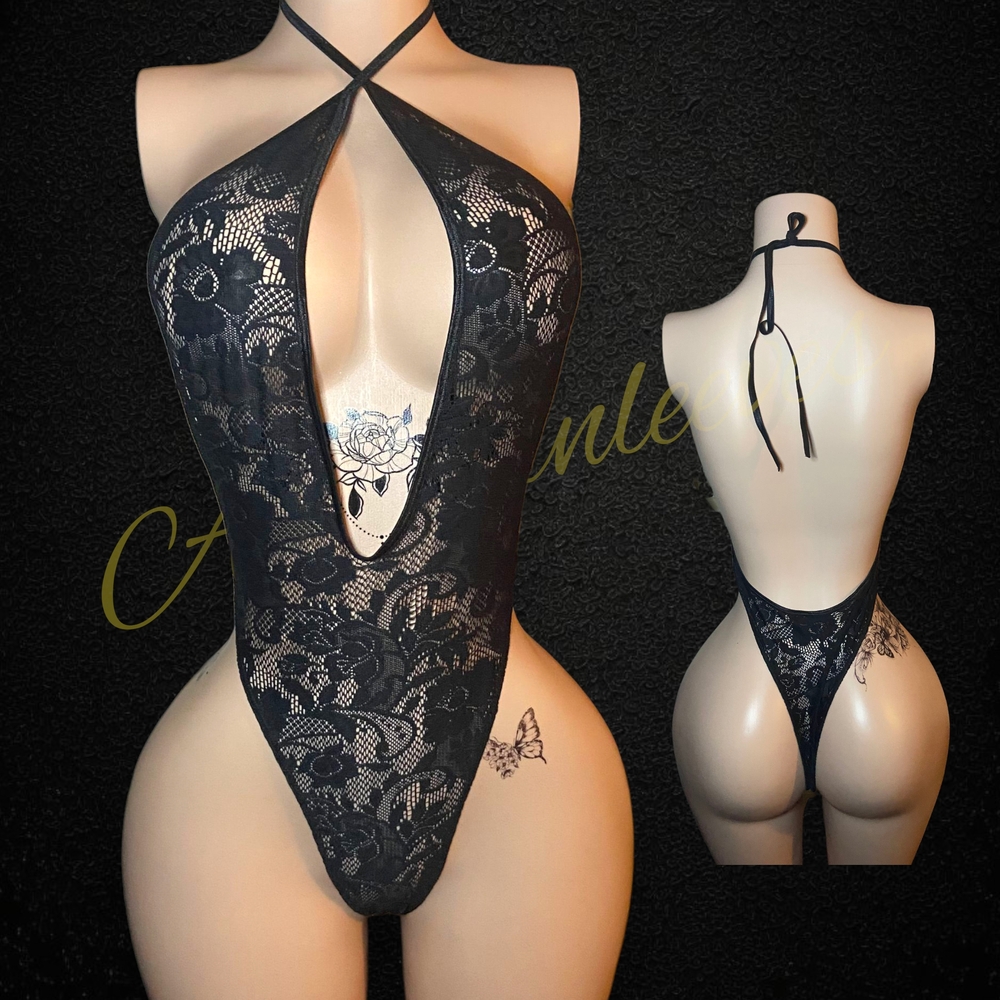 Black Lace Halter Bodysuit